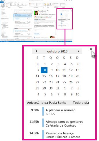 Comando 'Remover pré-visualização' na caixa de pré-visualização do Calendário afixada