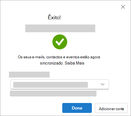 Captura de ecrã a mostrar a janela de êxito ao adicionar uma conta Google