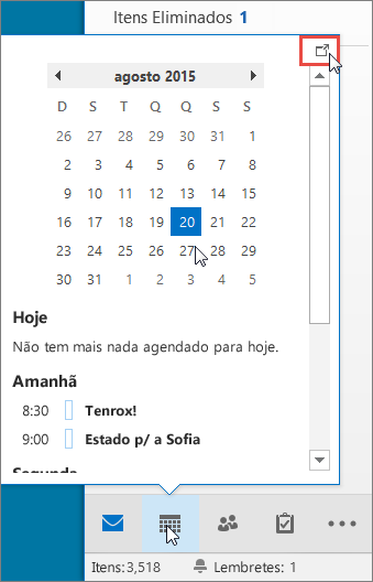 A opção Pré-visualizar calendário com o ícone Ancoragem realçado