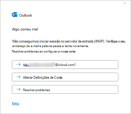 Captura de ecrã da mensagem de erro Algo correu mal ao adicionar uma conta do iCloud