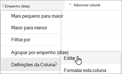 O painel Editar coluna no SharePoint com a opção Eliminar selecionada