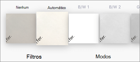 Opções de filtro para digitalização de imagens no OneDrive para iOS