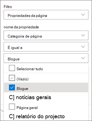 Conjunto de filtro para blogs em painel de partes web de notícias