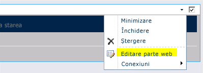 Comanda Editare parte web din meniul Parte web