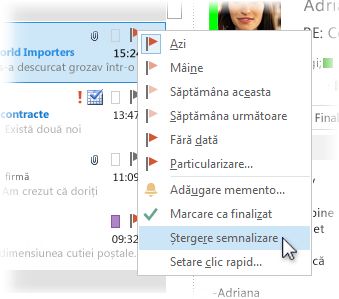 Comanda Ștergere semnalizare din meniul cu clic cu butonul din dreapta în lista de mesaje