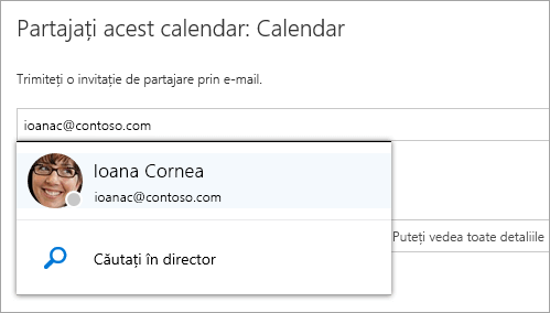 Captură de ecran a casetei de dialog Partajați acest calendar.