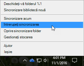 Captură de ecran a meniului OneDrive pentru business anterior, cu opțiunea Pauză de sincronizare selectată.