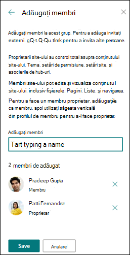 Previzualizarea adăugării membrilor la un site SharePoint