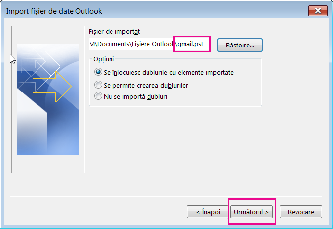 Selectați fișierul .pst pe care l-ați creat pentru a-l putea importa.