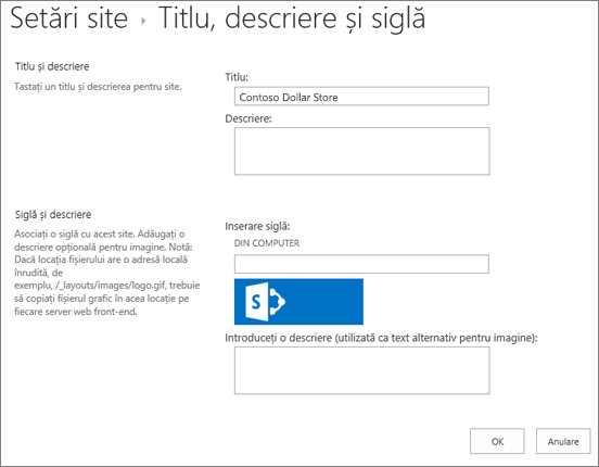 Pagina de setări pentru titlu, descriere și siglă