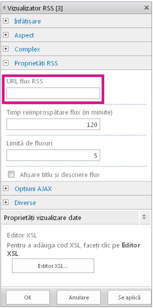 Proprietăți parte web Vizualizator RSS