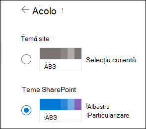 Selectați o temă nouă pentru site-ul SharePoint
