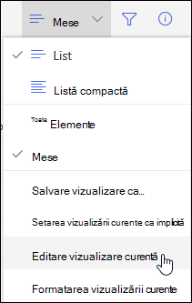 SharePoint Opțiunea de meniu Editare vizualizare curentă online