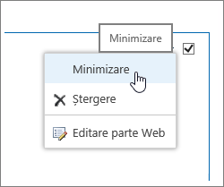 Meniu parte Web cu opțiunea Minimizare evidențiată