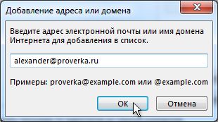 Диалоговое окно «Добавление адреса или домена»