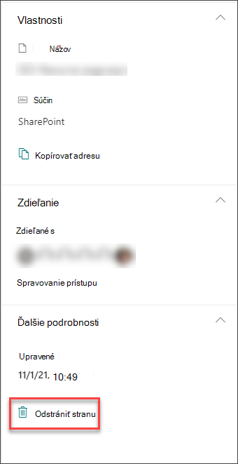 Snímka obrazovky s možnosťou odstránenia strany na table s podrobnosťami strany