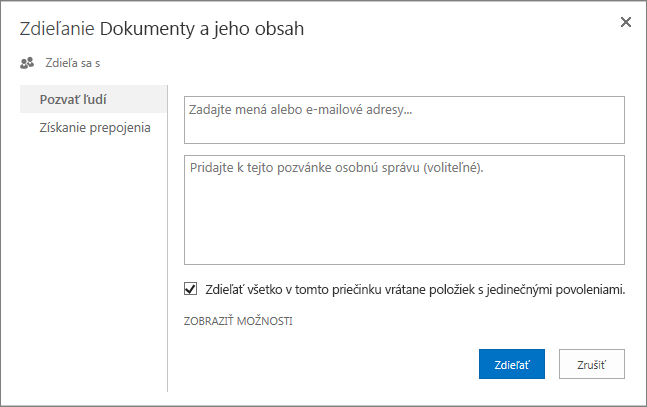 Dialógové okno Zdieľať