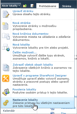 Položka Nastavenie lokality v ponuke Akcie lokality