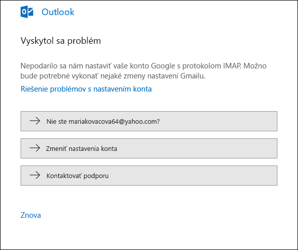 Vyskytol sa problém s pridávaním e-mailového konta do Outlooku.