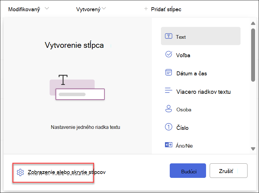 Snímka obrazovky s vybratou možnosťou Zobraziť skrytie stĺpcov