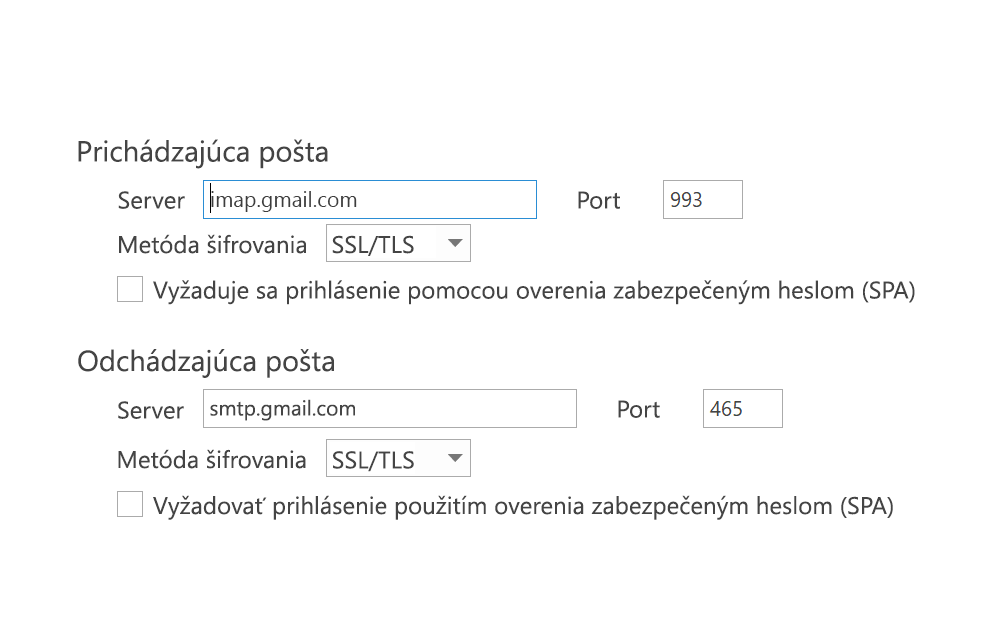 Nastavenia IMAP – zrušené začiarknutie políčka SPA