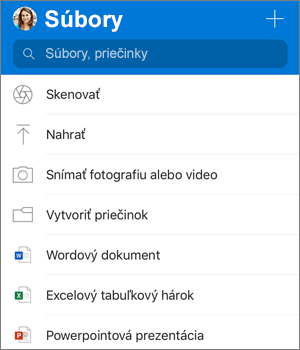 Snímka obrazovky ponuky pridávania v aplikácii OneDrive pre iOS