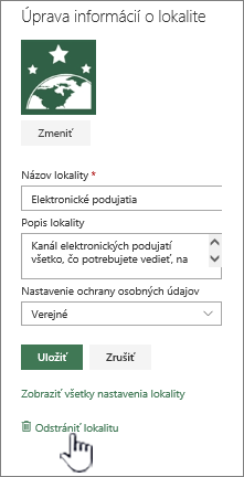 Umiestnenie lokality na odstránenie tímovej lokality SharePoint