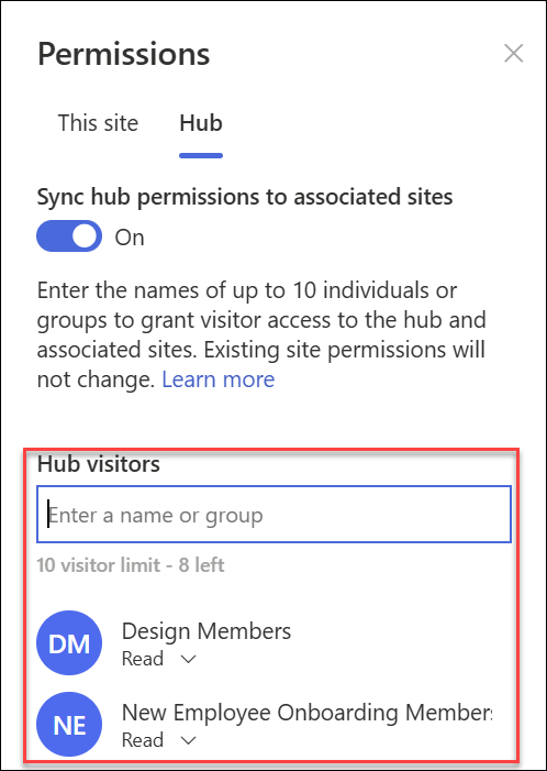 Screenshots of hub site permissions groups