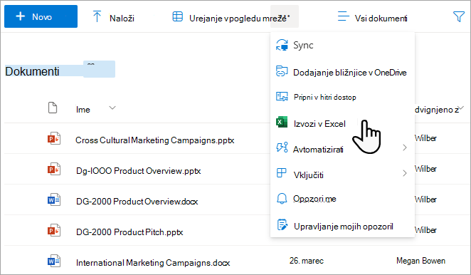 Izvozite sezname in knjižnice z ukazom »Izvozi v Excel«.