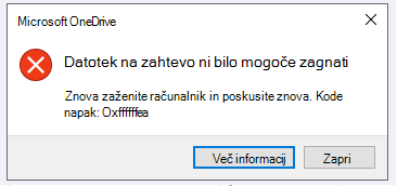 Napaka storitve OneDrive: Datotek na zahtevo ni bilo mogoče zagnati. Znova zaženite računalnik in poskusite znova. Kode napak: <napake>