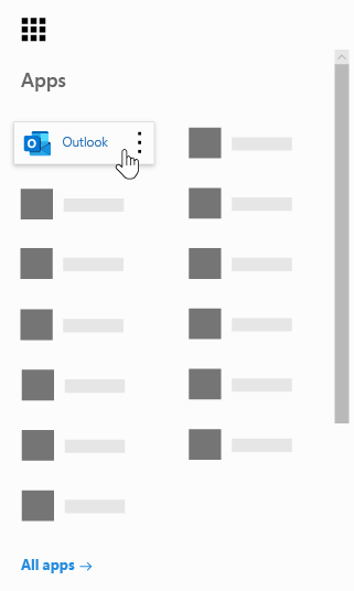 Zaganjalnik aplikacij storitve Microsoft 365 z označeno aplikacijo Outlook.