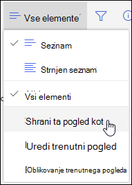 SharePoint Možnost »Shrani kot« v meniju »Spletni pogled seznama«