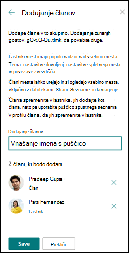 Predogled dodajanja članov na SharePointovo mesto