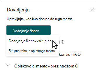 Predogled podokna za dodajanje članov