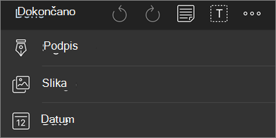 Meni za krmarjenje z oznakami v obliki zapisa PDF za OneDrive za iOS