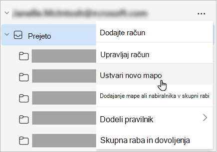 Posnetek zaslona izbrane možnosti »Ustvari novo mapo« v meniju »Več možnosti« v podoknu z mapami