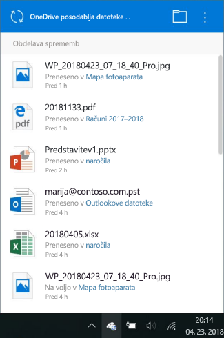 Zaslon za obdelavo sprememb v storitvi OneDrive