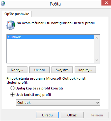 List sa svojstvima pošte koji se koristi za dodavanje ili uklanjanje profila za Outlook nalog