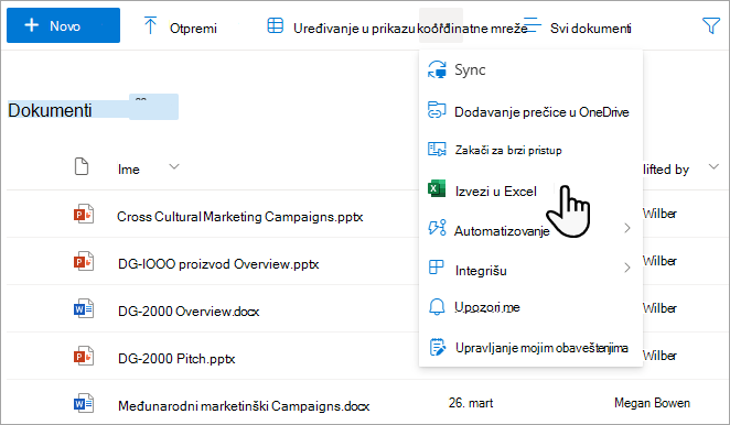 Izvezite liste i biblioteke pomoću opcije "Izvezi u Excel".