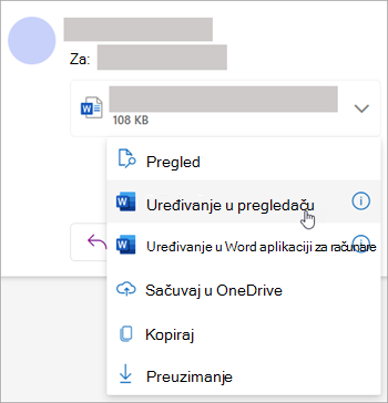 Snimak ekrana koji prikazuje padajuću listu priloga sa izabranom stavkom "Uredi u pregledaču"