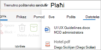 Izaberite stavku Datoteke da biste videli rezultate pretrage samo sa prilozima.