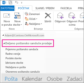 Deljeno poštansko sanduče prikazuje se na spisku fascikli u programu Outlook