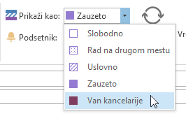 Prikaži moj status tokom ovog sastanka kao „Odsutan iz kancelarije“