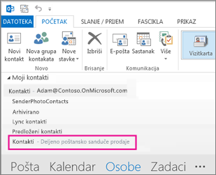 Deljeni spisak kontakata prikazuje se u oknu za kontakte u programu Outlook