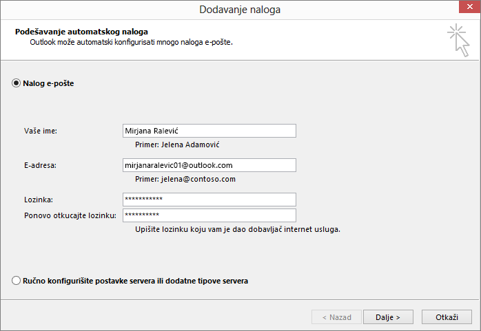 Koristite automatsko podešavanje naloga da biste dodali nalog e-pošte kao deo novokreiranog profila za Outlook