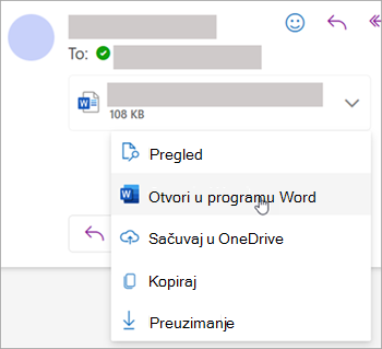 Snimak ekrana koji prikazuje padajuću listu za otvaranje priloga u programu Word