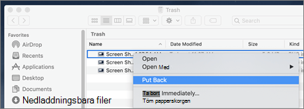Högerklicka på menyn för att återskapa en fil från Papperskorgen på en Mac