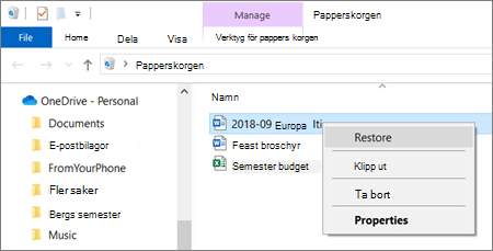 Högerklicka på menyn för att återställa en borttagen fil från papperskorgen