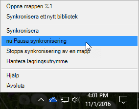 En skärmbild av den föregående OneDrive för företag-menyn med Pausa synkronisering markerat.