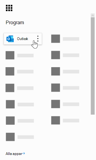 Microsoft 365-startprogrammet med Outlook-appen markerad.